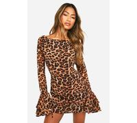 Boohoo Leopard Chiffon Ruffle Mini Dress In Brown brown 14