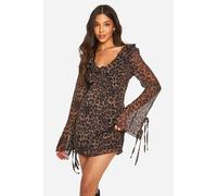 Boohoo Leopard Chiffon Ruffle Shift Dress In Brown brown 12