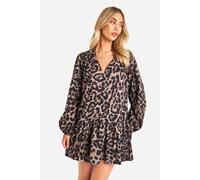 Boohoo Leopard Drop Hem Smock Dress In Brown brown 10
