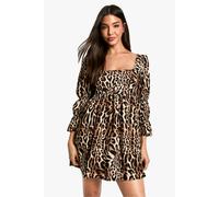 Boohoo Leopard Gathered Puff Sleeve Smock Dress In Brown brown 18