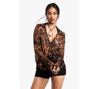 boohoo Women's Leopard Printed Woven Long Sleeve Collared Top With Tie Front Detail in Black | Size: XS