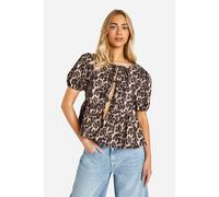 boohoo Women's Leopard Puff Sleeve Bow Tie Blouse in Brown | Size: 6
