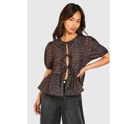 Boohoo Leopard Puff Sleeve Bow Tie Top In Brown brown 12