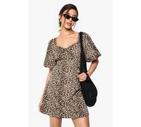 Boohoo Leopard Puff Sleeve Mini Dress In Brown brown 8