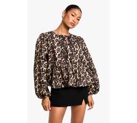 Boohoo Leopard Tie Front Puff Long Sleeve Smock Top leopard 14