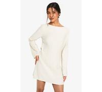Boohoo Linen Long Sleeve Slash Neck Tailored Mini Dress In Natural natural 14