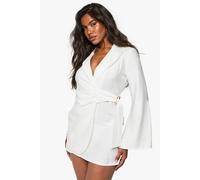 boohoo Women's Linen Look Buckle Detail Tie Waist Tailored Blazer Dress in Ecru | Size: 10