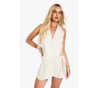 Boohoo Linen Look Buckle Detail Tie Waist Tailored Skort Playsuit In Natural natural 10