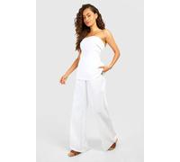 Boohoo Linen Look Longline Bandeau & Wide Leg Trousers In White white 10