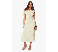 Boohoo Linen Look Off The Shoulder Ruched Split Leg Midaxi Dress In Sage sage 10