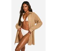 Boohoo Linen Look Oversized Beach Shirt In Stone stone M