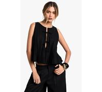 Boohoo Linen Look Pleated Tie Front Smock Top In Black black 8