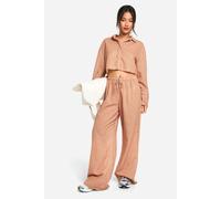 boohoo Women's Linen Look Stripe Cropped Shirt & Wide Leg Trousers in Camel | Size: 6