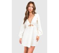 Boohoo Linen Look Tie Front Puff Sleeve Mini Dress In Stone stone 12