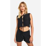 Boohoo Linen Look Tie Front Sleeveless Blouse & Flippy Shorts In Black black 14