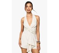 Boohoo Linen Look Twist Neck Halterneck Playsuit In Natural natural 12