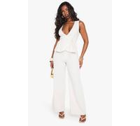 boohoo Women's Linen Look Wide Leg Plunge Jumpsuit in Stone | Size: 14