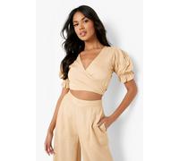 Boohoo Linen Look Wrap Crop Top In Stone stone 14