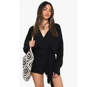 Boohoo Linen Look Wrap Playsuit In Black black 8