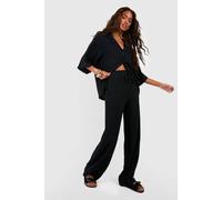Boohoo Linen Mix Relaxed Fit Wide Leg Trousers In Black black 10