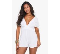 Boohoo Linen Tie Back Puff Sleeve Playsuit In White white 8
