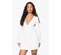Boohoo Long Sleeve Plunge Ruched Mini Dress In White white 10