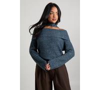 boohoo Women's Marl Knit Oversized Bardot Jumper & Neck Tie in Blue | Size: Medium