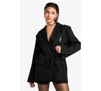 Boohoo Marl Shoulder Pad Belted Blazer In Black black 12