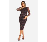 Boohoo Maternity Blurred Floral Print Mesh Ruched Detail Long Sleeve Midaxi Dress In Chocolate chocolate 18