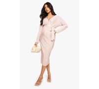 Boohoo Maternity Plisse Belted Midi Dress In Champagne champagne 12