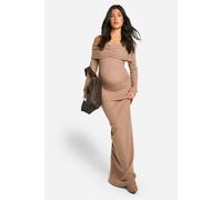 Boohoo Maternity Soft Rib Off Shoulder Column Maxi Dress In Camel camel 12