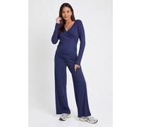 boohoo Women's Maternity Soft Rib Wrap Top Long Sleeve & Trouser Lounge Set in Navy | Size: 12
