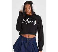 Boohoo Merry Slogan Cropped Christmas Jumper In Black black S