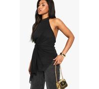 Boohoo Mesh High Neck Trim Detail Drape Top In Black black