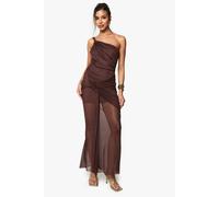 Boohoo Mesh One Shoulder Ruched Maxi Dress In Chocolate chocolate 16