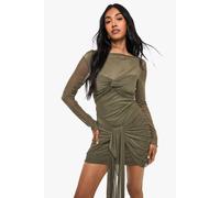 Boohoo Mesh Ruched Twist Detail Mini Dress In Khaki khaki 10
