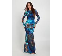 Boohoo Mixed Animal Print Ruched Mesh Maxi Dress In Cobalt cobalt 8