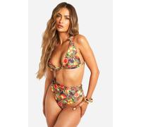 Boohoo Mixed Leopard & Fruit Print Triangle Bikini Top & High Waist Bikini Bottoms Set In Orange orange 8