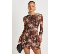 Boohoo Mixed Leopard Mesh Flare Sleeve Mini Dress In Brown brown 16