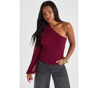 Boohoo One Shoulder Chiffon Blouse In Burgundy burgundy 14