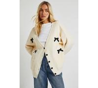 Boohoo Oversized Bow Embroidered Knitted Boyfriend Cardigan In Cream cream M