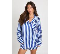 Boohoo Oversized Contrast Stripe Pyjama Shirt & Short Set In Blue blue 14