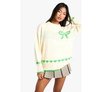 Boohoo Oversized Heart & Bow Jumper In Cream cream M