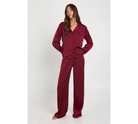 boohoo Women's Oversized Satin Long Sleeve Shirt & Trousers Pyjama Set in Burgundy | Size: 12