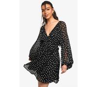 Boohoo Paisley Polka Dot Chiffon Volume Sleeve Ruched Waist Mini Dress In Black black 8