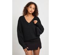Boohoo Pearl Trim Detail V Neck Soft Knit Jumper In Black black S