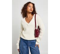 Boohoo Pearl Trim Detail V Neck Soft Knit Jumper In Cream cream S