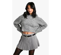 Boohoo Petite Belt Detail Pleated Woven Mini Skirt In Grey grey 10