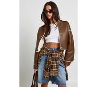 Boohoo Petite Borg Lined Collared Aviator In Tan tan