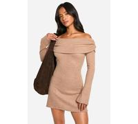 Boohoo Petite Brushed Rib Foldover Bardot Mini Dress In Camel camel 12